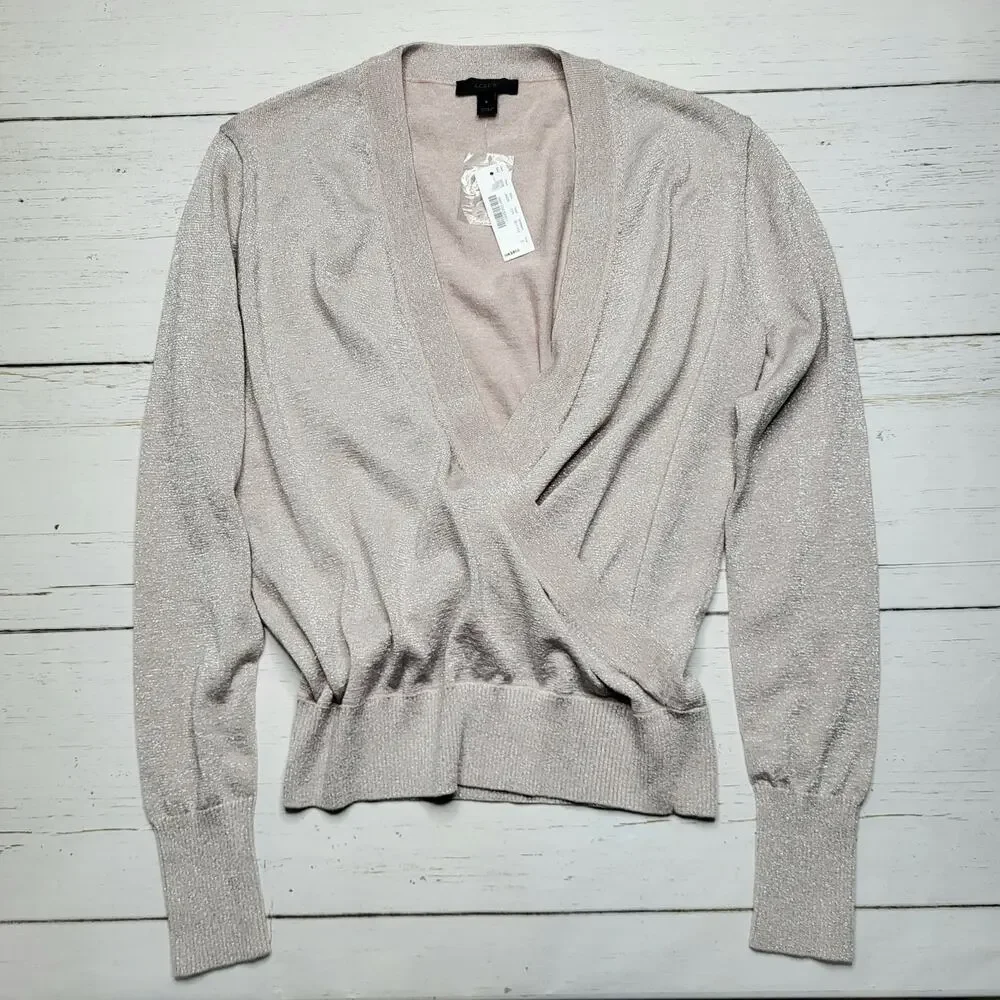 J Crew Shimmer Lurex Wrap Surplice Sweater Top Pink Metallic Wool Blend Small